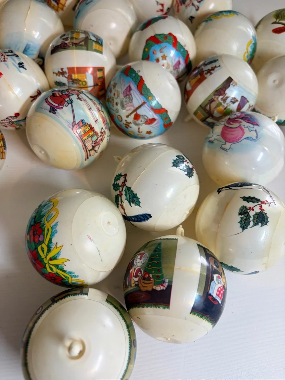 Lot Of 35 Wrapped Plastic Vintage Christmas Ornaments Victorian Scene Bells Mice